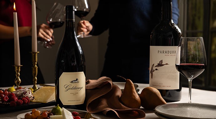 Large bottles of the Duckhorn Portfolio wines on a table